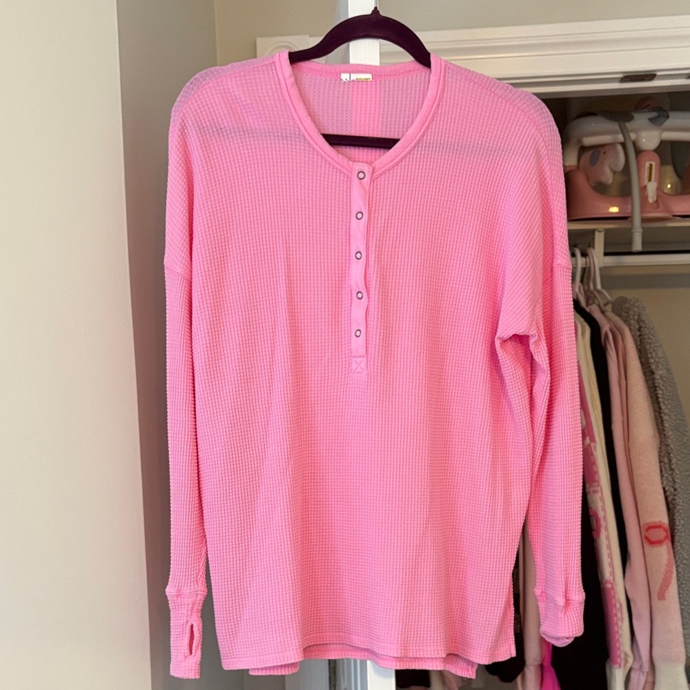 Aerie Pink Waffle Knit Henley Top
